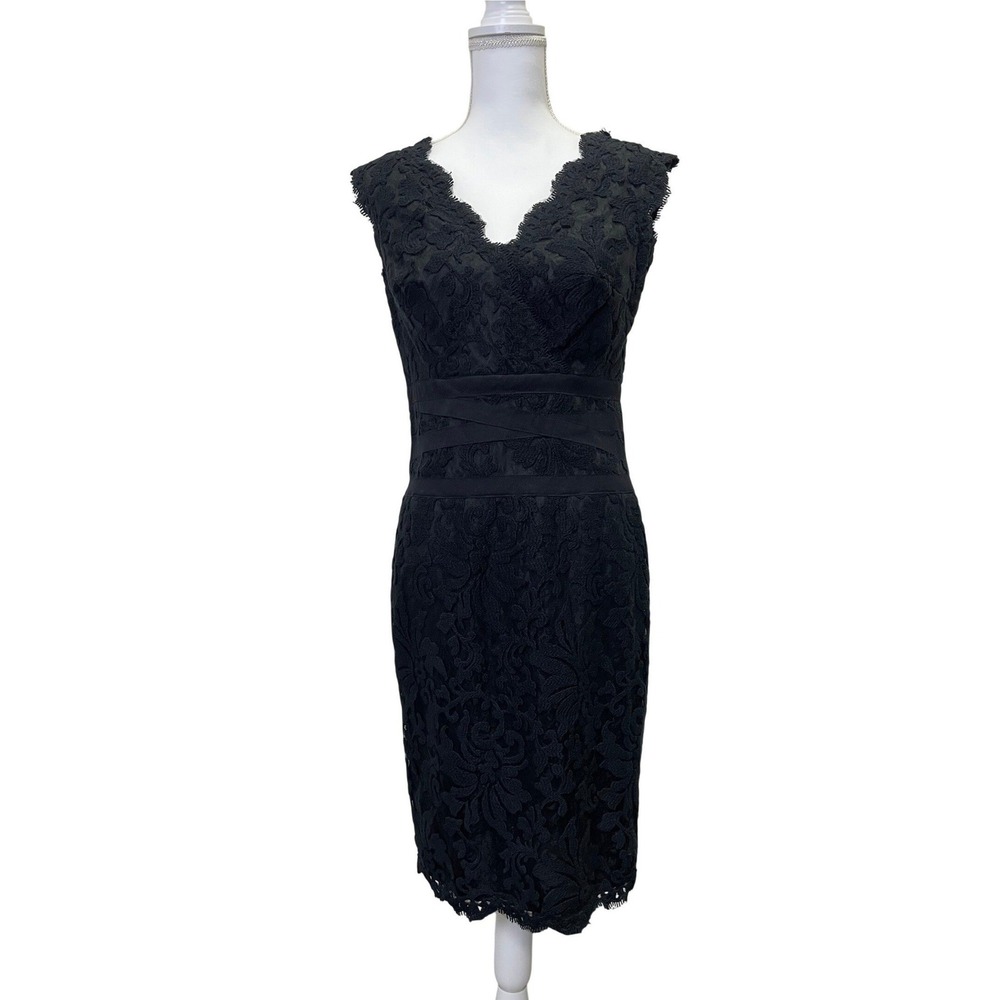 Tadashi Shoji Black Lace V-Neck Banded Waist Sheath Dress 12 Cocktail Wedding